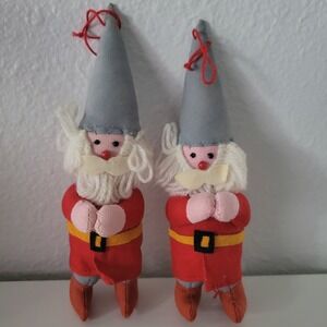 Vtg Posable Santa Claus (2) Handcrafted Stuffed Pixie Yarn Beard Ornament 6" MCM